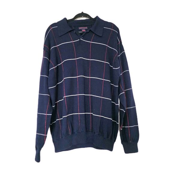 Vintage Jantzen Plaid Collared Sweater Mens XL Navy Blue Preppy Golf 90s Retro - Picture 1 of 8